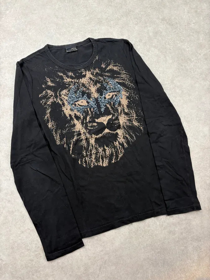 2000s Cavalli Black Lion Head Embroidered Longsleeves T-Shirt jTEpFEC 3