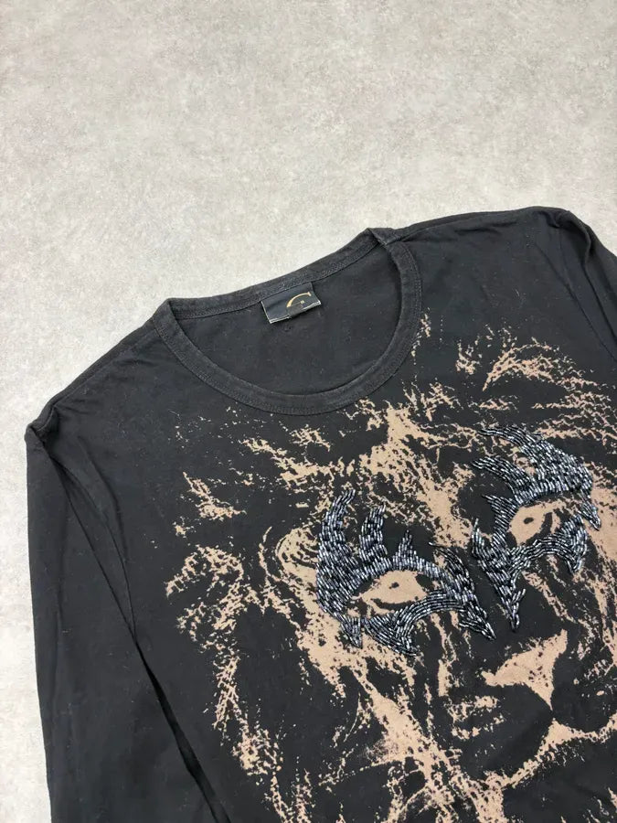 2000s Cavalli Black Lion Head Embroidered Longsleeves T-Shirt jTEpFEC 4