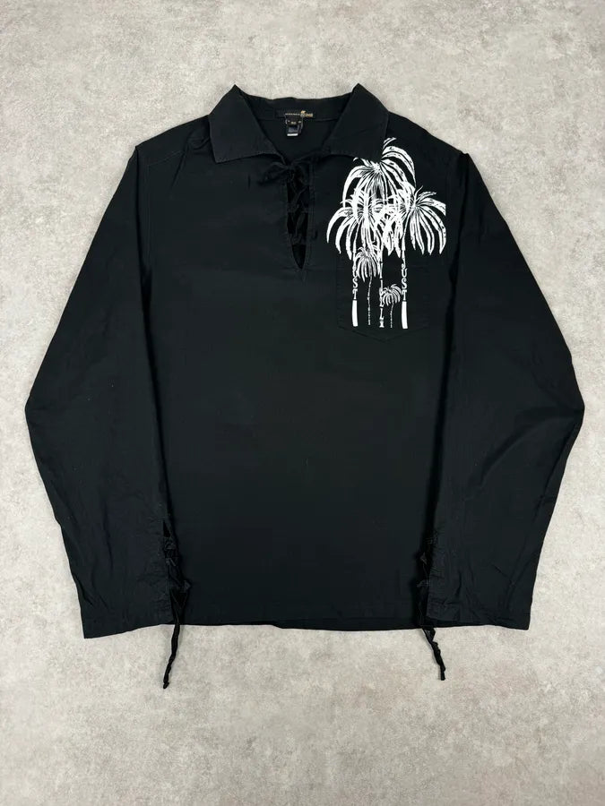 2000s Cavalli Black Palm Tree Graphic Lace-Up Shirt GnIfeCJ 0