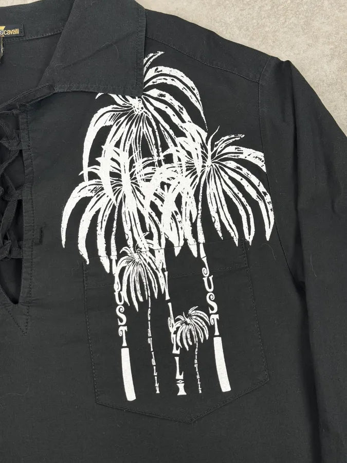 2000s Cavalli Black Palm Tree Graphic Lace-Up Shirt GnIfeCJ 6