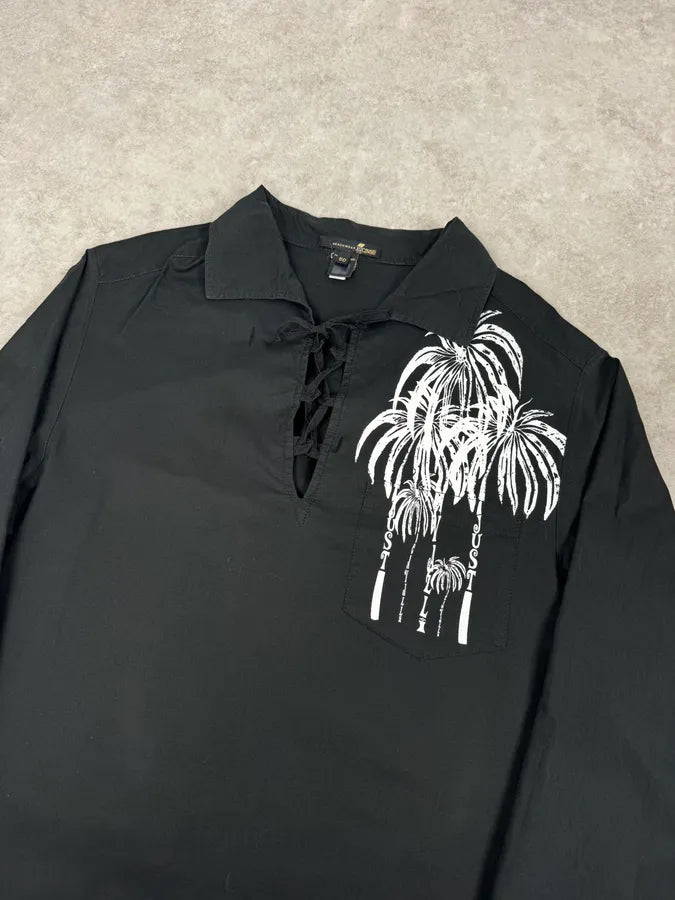 2000s Cavalli Black Palm Tree Graphic Lace-Up Shirt GnIfeCJ 4