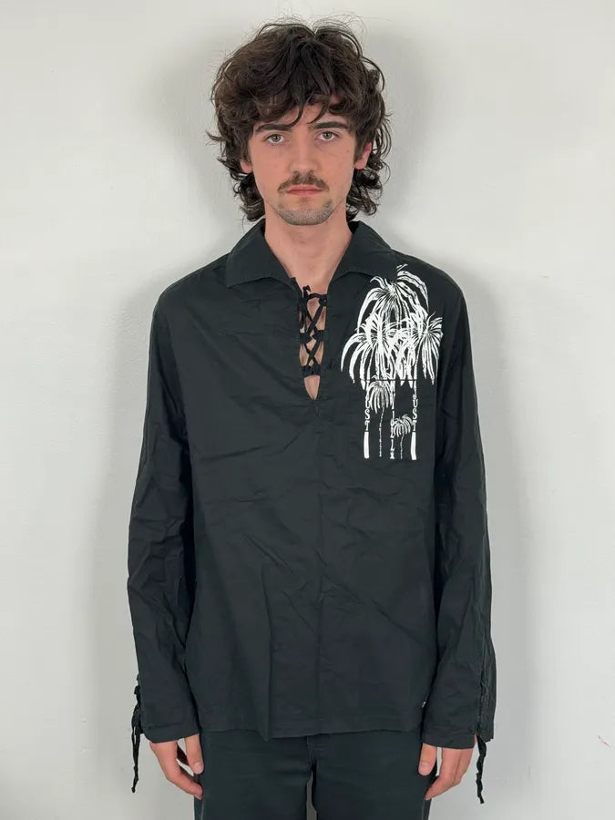 2000s Cavalli Black Palm Tree Graphic Lace-Up Shirt GnIfeCJ 1