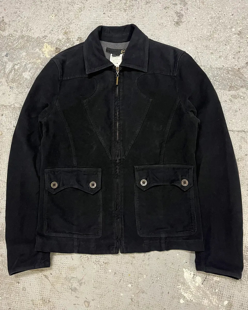 2000s Cavalli Black Zip-Up Suede Jacket CNBglKm 0