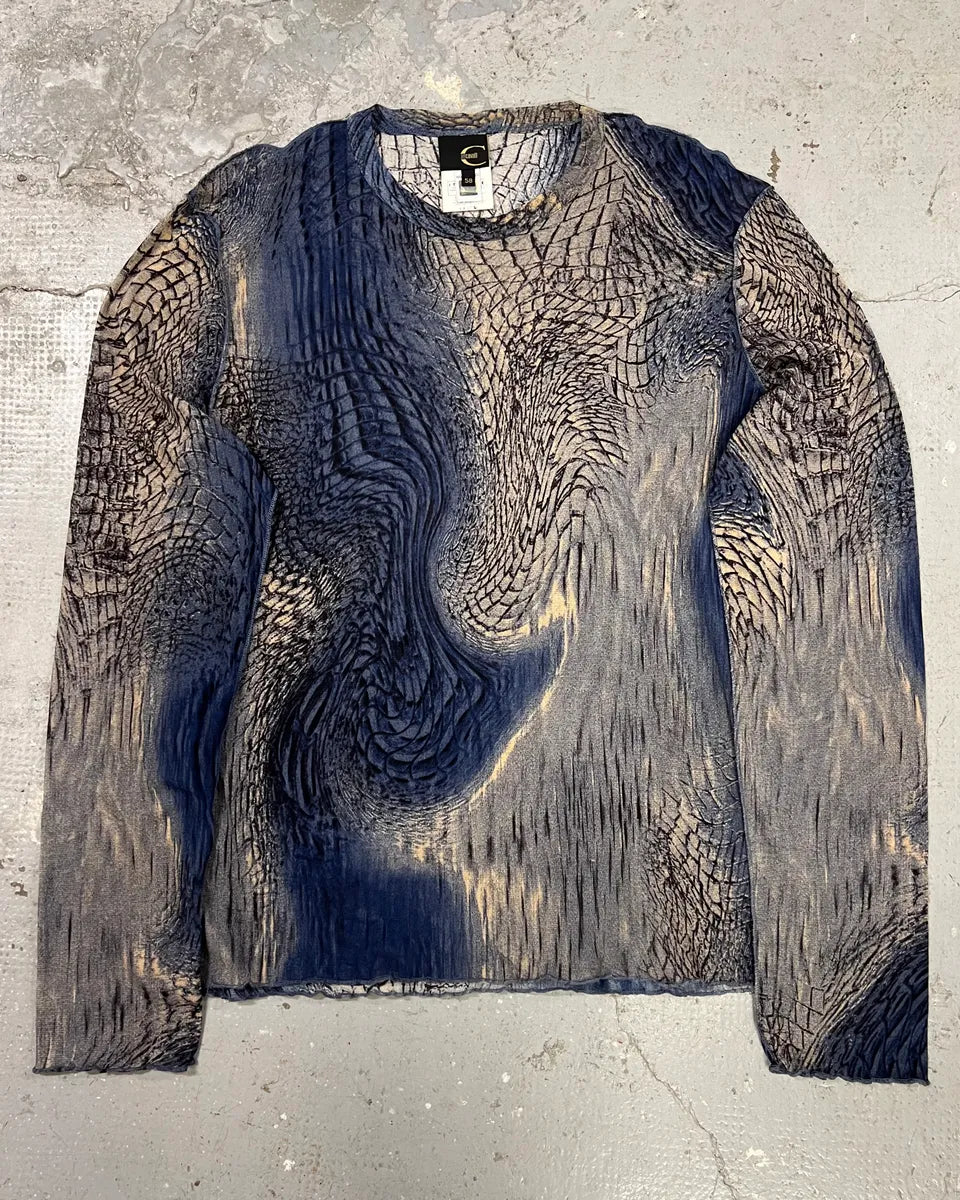 2000s Cavalli Blue & Beige Crocodile Effect Longsleeves (XL) 0