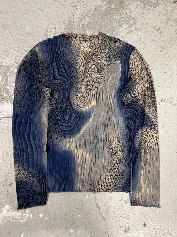 2000s Cavalli Blue & Beige Crocodile Effect Longsleeves (XL) 1