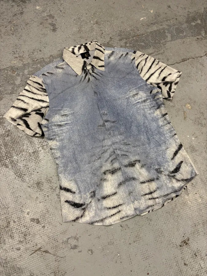 2000s Cavalli Blue & White Safari Zebra Short Sleeves Shirt WUMfyuw 3