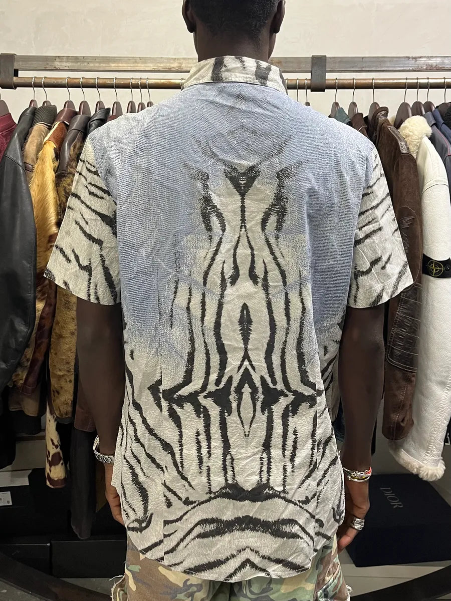2000s Cavalli Blue & White Safari Zebra Short Sleeves Shirt WUMfyuw 2