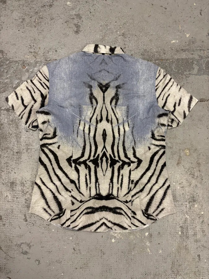 2000s Cavalli Blue & White Safari Zebra Short Sleeves Shirt WUMfyuw 5