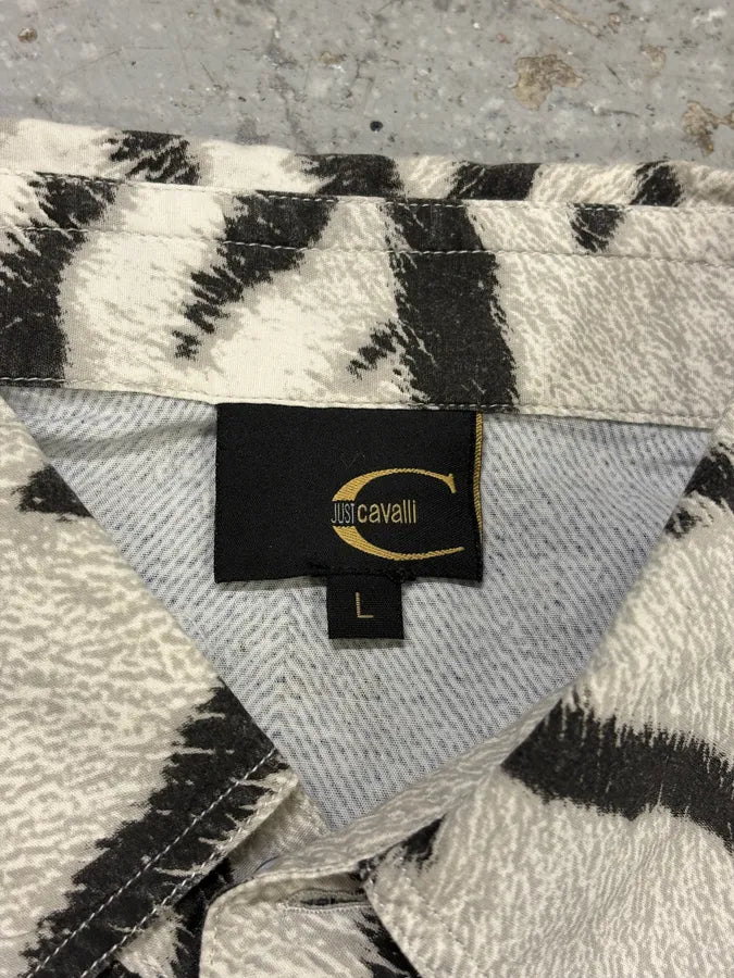 2000s Cavalli Blue & White Safari Zebra Short Sleeves Shirt WUMfyuw 6