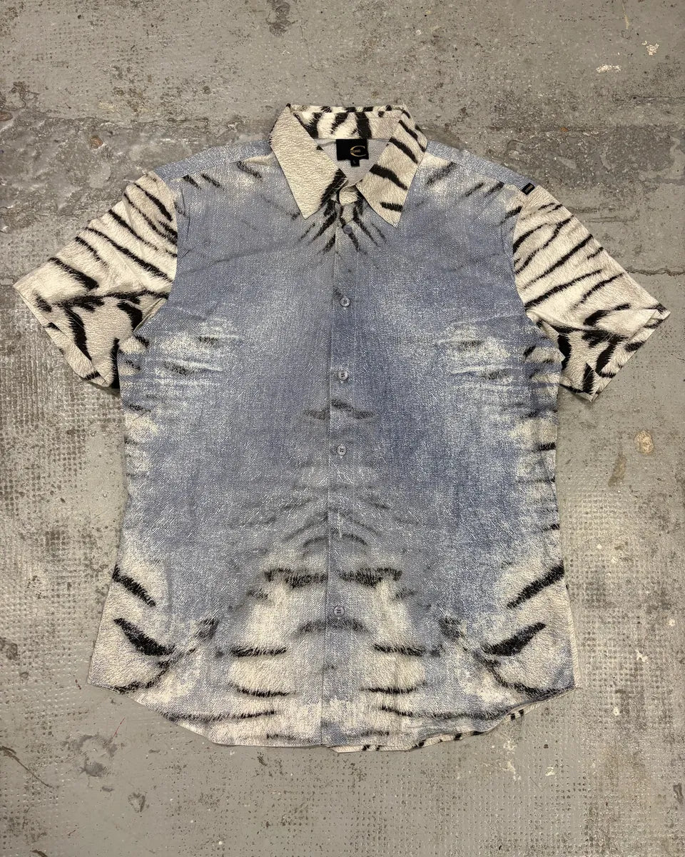 2000s Cavalli Blue & White Safari Zebra Short Sleeves Shirt WUMfyuw 0