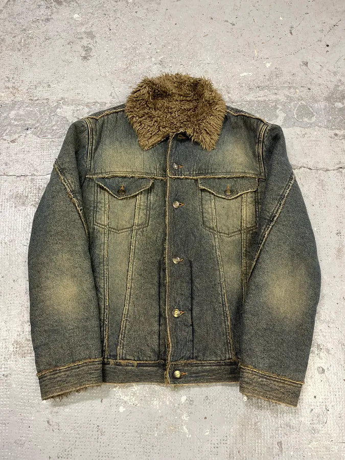 2000s Cavalli Blue Faded Denim Faux Fur Jacket GiyeIsF 0