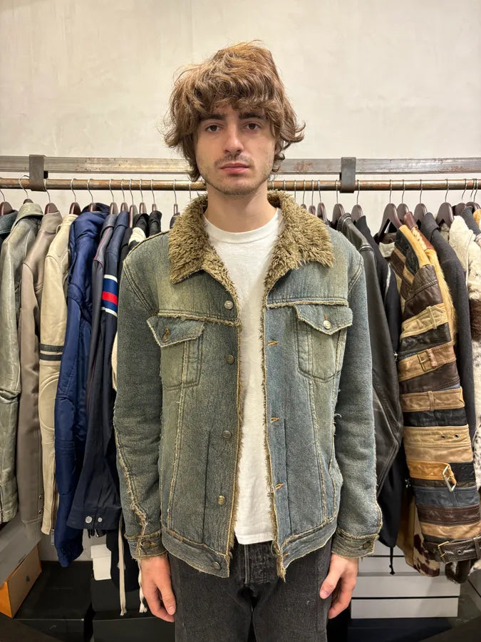 2000s Cavalli Blue Faded Denim Faux Fur Jacket GiyeIsF 1