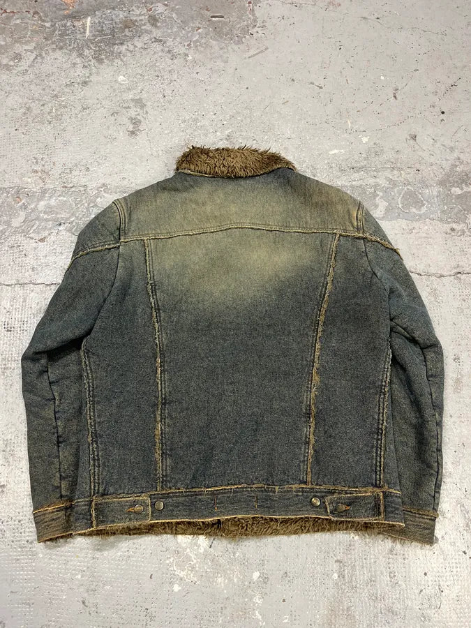 2000s Cavalli Blue Faded Denim Faux Fur Jacket GiyeIsF 3
