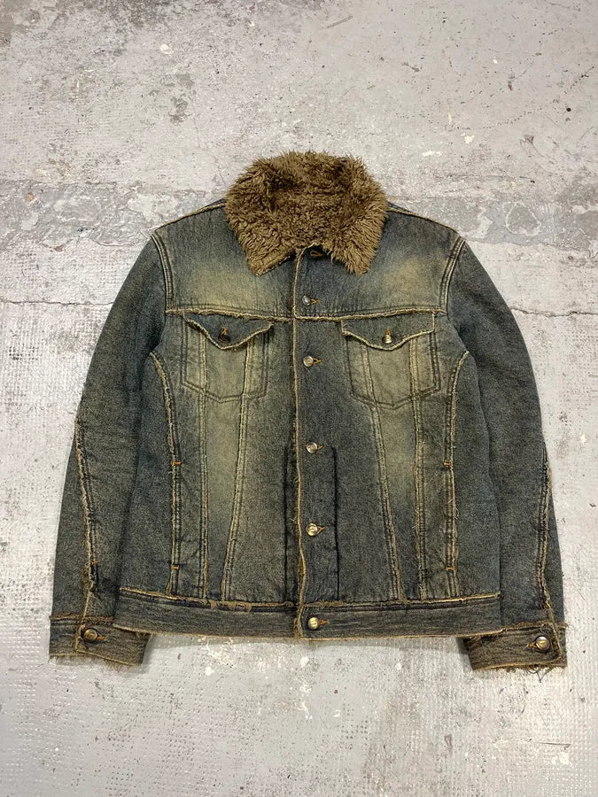 2000s Cavalli Blue Faded Denim Faux Fur Jacket GiyeIsF 4