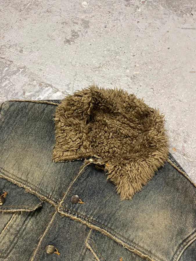 2000s Cavalli Blue Faded Denim Faux Fur Jacket GiyeIsF 5