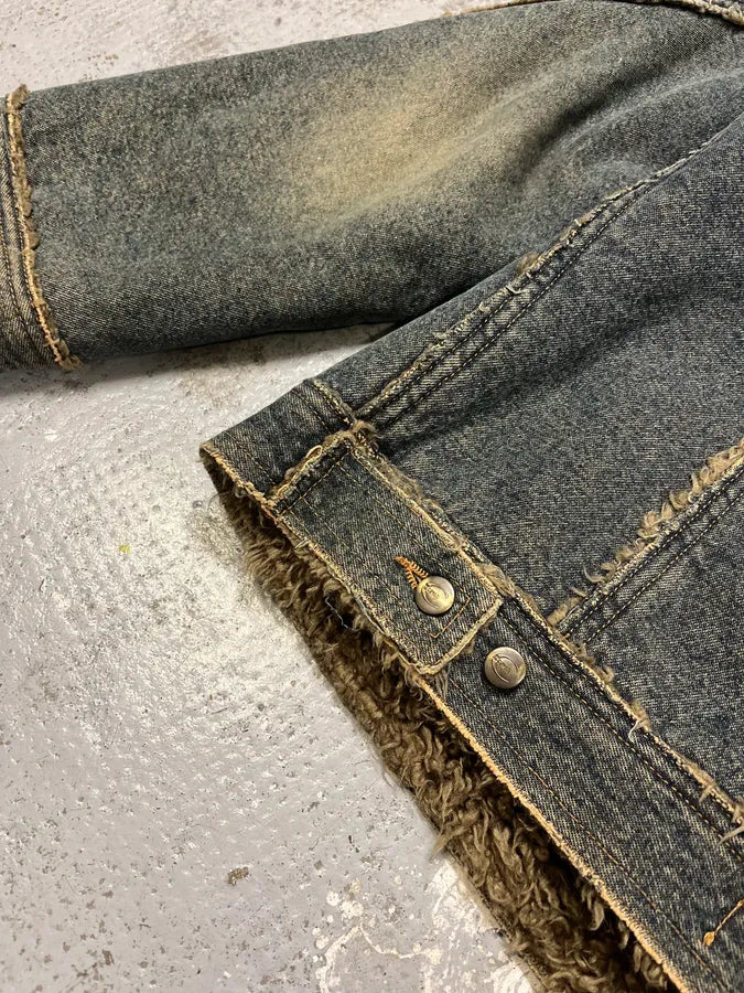 2000s Cavalli Blue Faded Denim Faux Fur Jacket GiyeIsF 7
