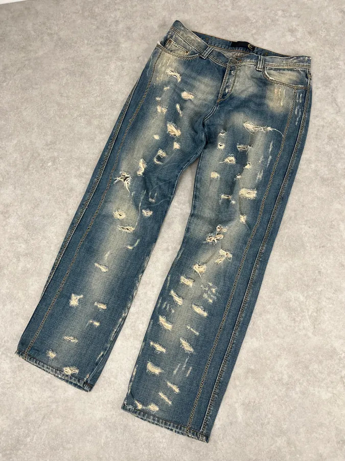 AW2005 Cavalli Blue Faded Distressed Denim Jeans LOZFBwM 4