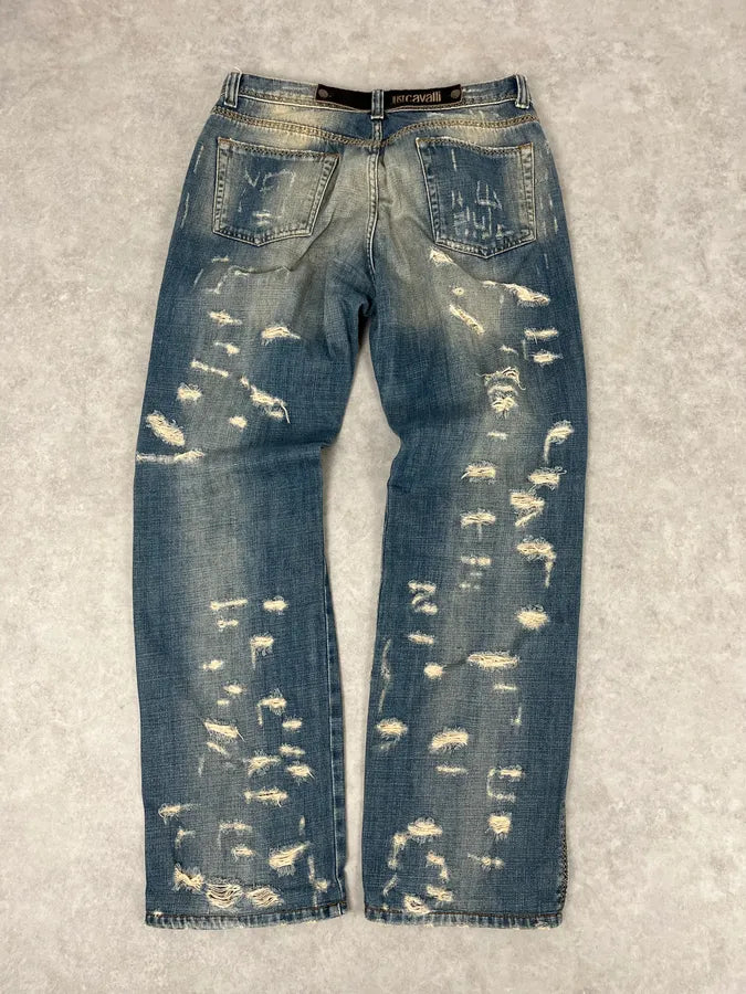 AW2005 Cavalli Blue Faded Distressed Denim Jeans LOZFBwM 6