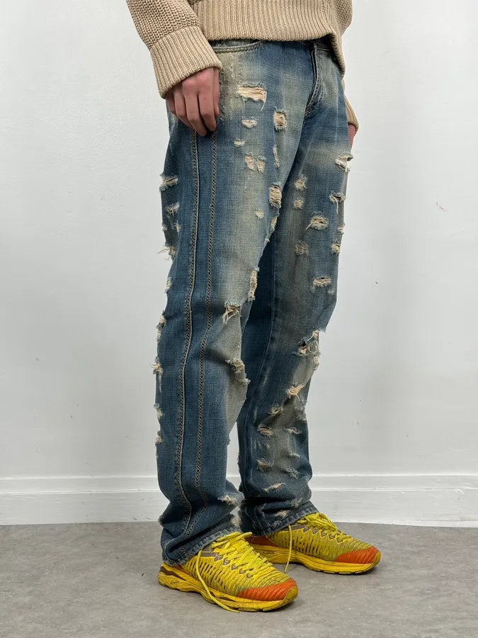 AW2005 Cavalli Blue Faded Distressed Denim Jeans LOZFBwM 1