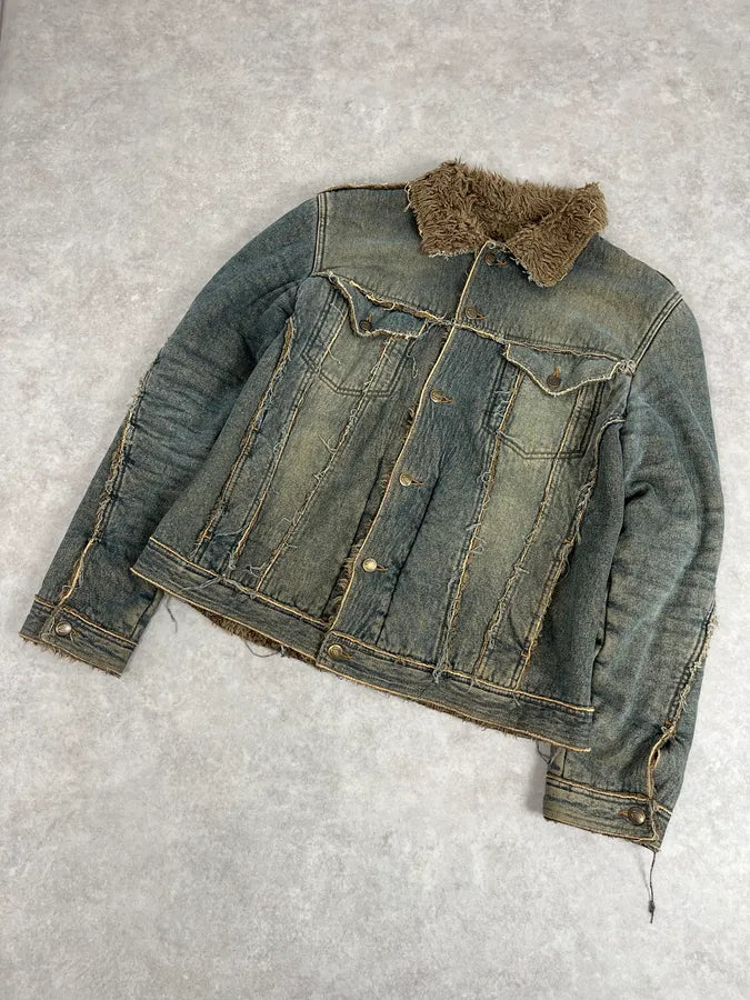 2000s Cavalli Blue Faded Fur Denim Jacket SXWAzpM 3