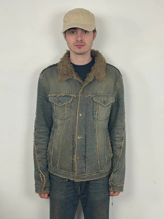 2000s Cavalli Blue Faded Fur Denim Jacket SXWAzpM 1