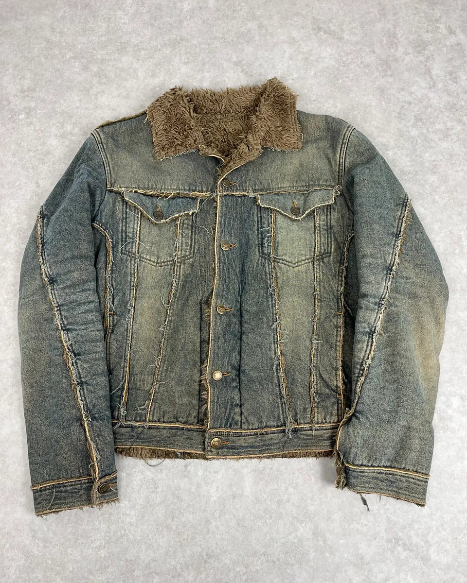 2000s Cavalli Blue Faded Fur Denim Jacket SXWAzpM 0