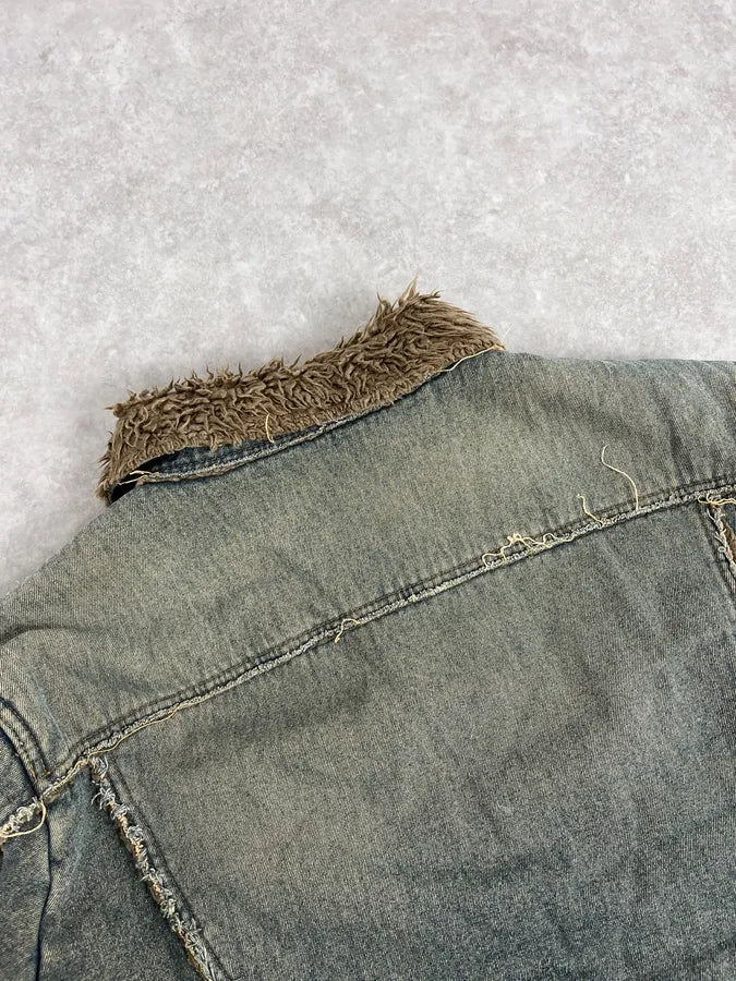 2000s Cavalli Blue Faded Fur Denim Jacket SXWAzpM 6