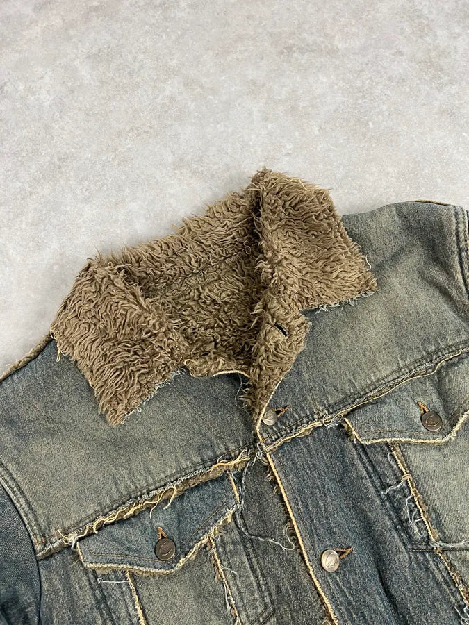 2000s Cavalli Blue Faded Fur Denim Jacket SXWAzpM 4