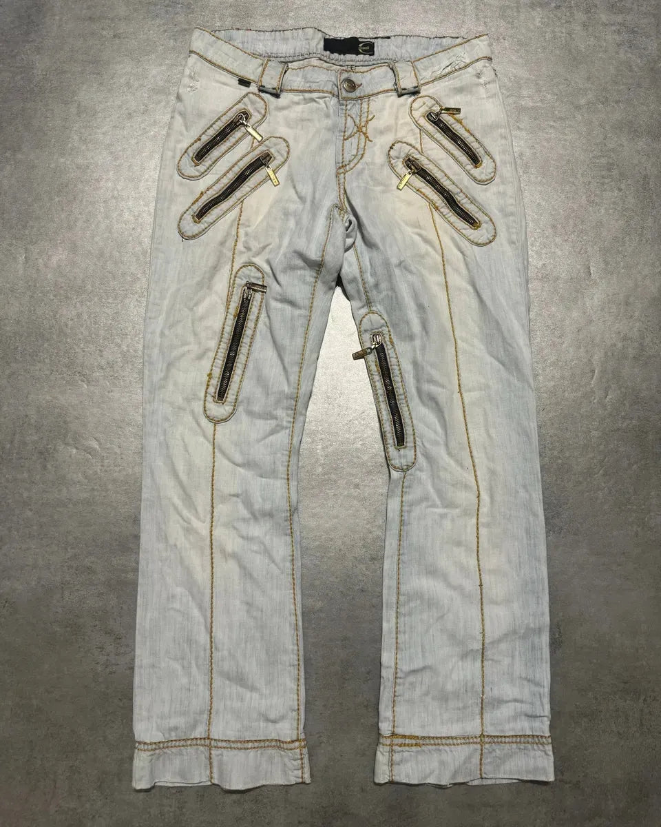 2000s Cavalli Blue Multi Zips Biker Denim Jeans OOTLuAb 3
