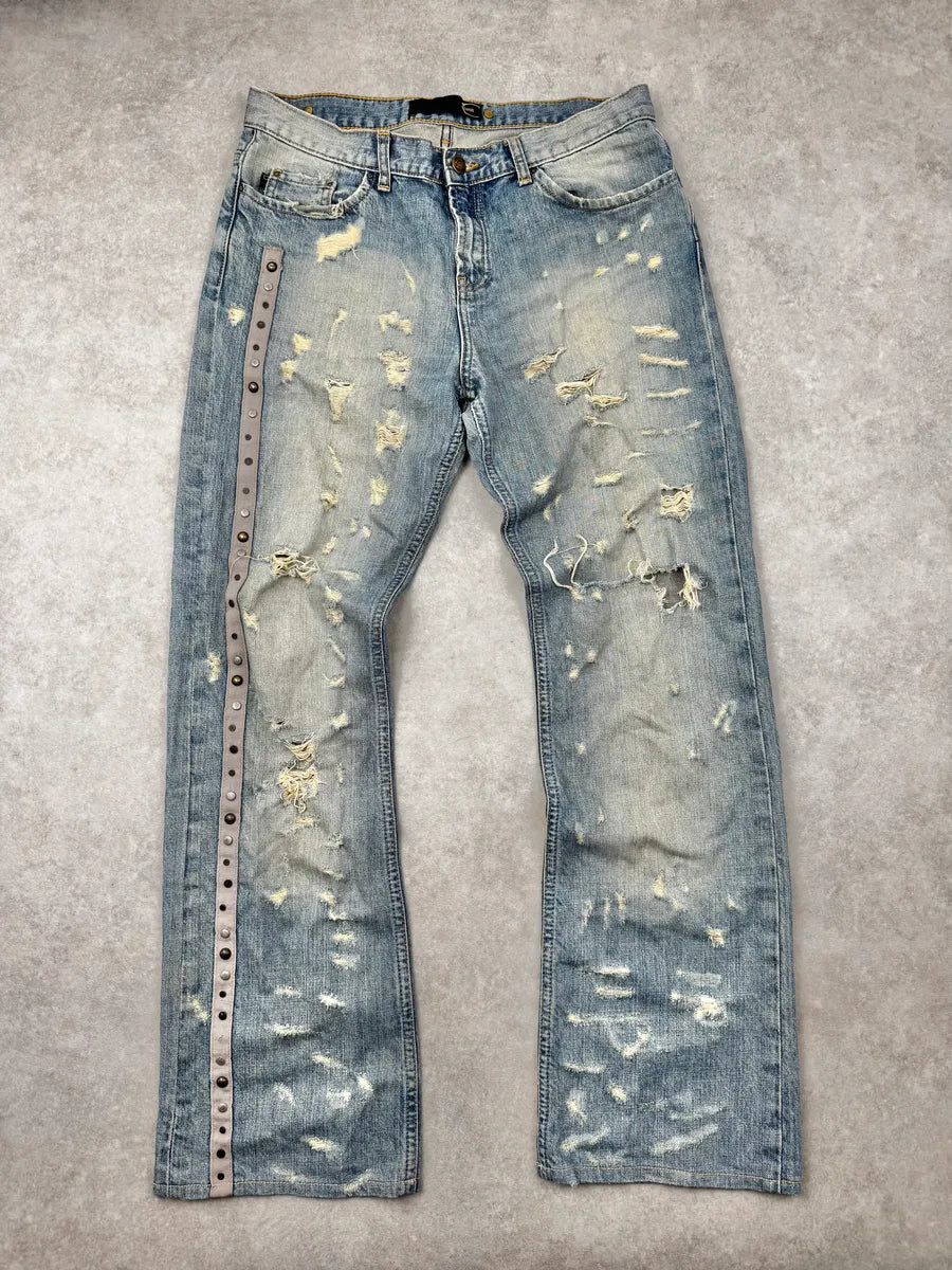 AW2005 Cavalli Faded Blue Washed Pearls Distressed Denim Jeans VTdFXyI 1