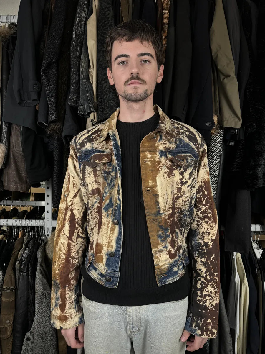 2000s Cavalli Blue World Rust Eroded Denim Jacket RndZWZg 2