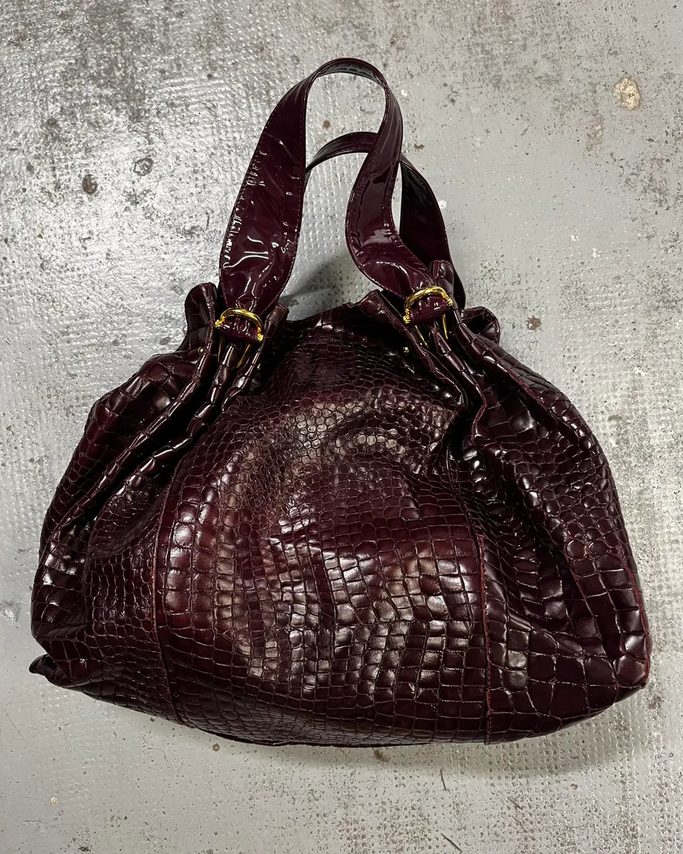 2000s Cavalli Bordeaux Crocodile Embossed Leather Handle Bag VFzKrKM 0