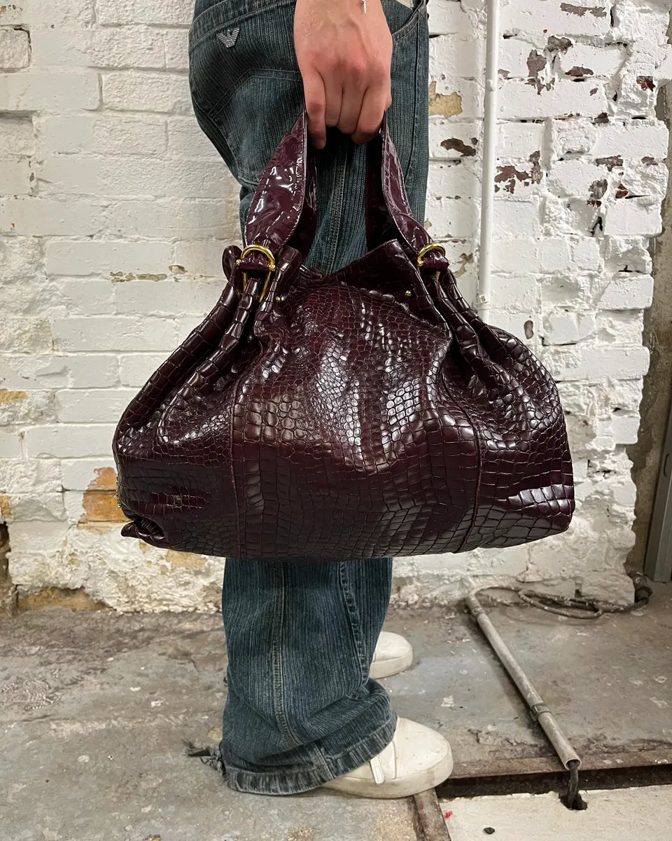 2000s Cavalli Bordeaux Crocodile Embossed Leather Handle Bag VFzKrKM 1