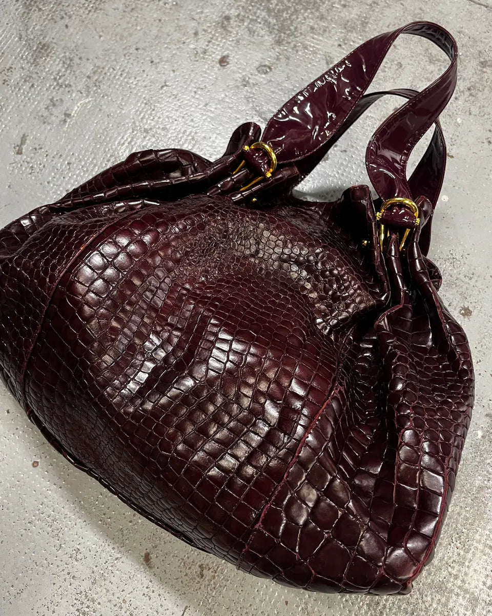 2000s Cavalli Bordeaux Crocodile Embossed Leather Handle Bag VFzKrKM 2