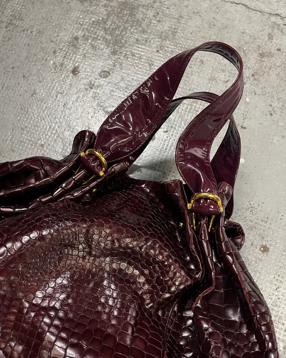2000s Cavalli Bordeaux Crocodile Embossed Leather Handle Bag VFzKrKM 3