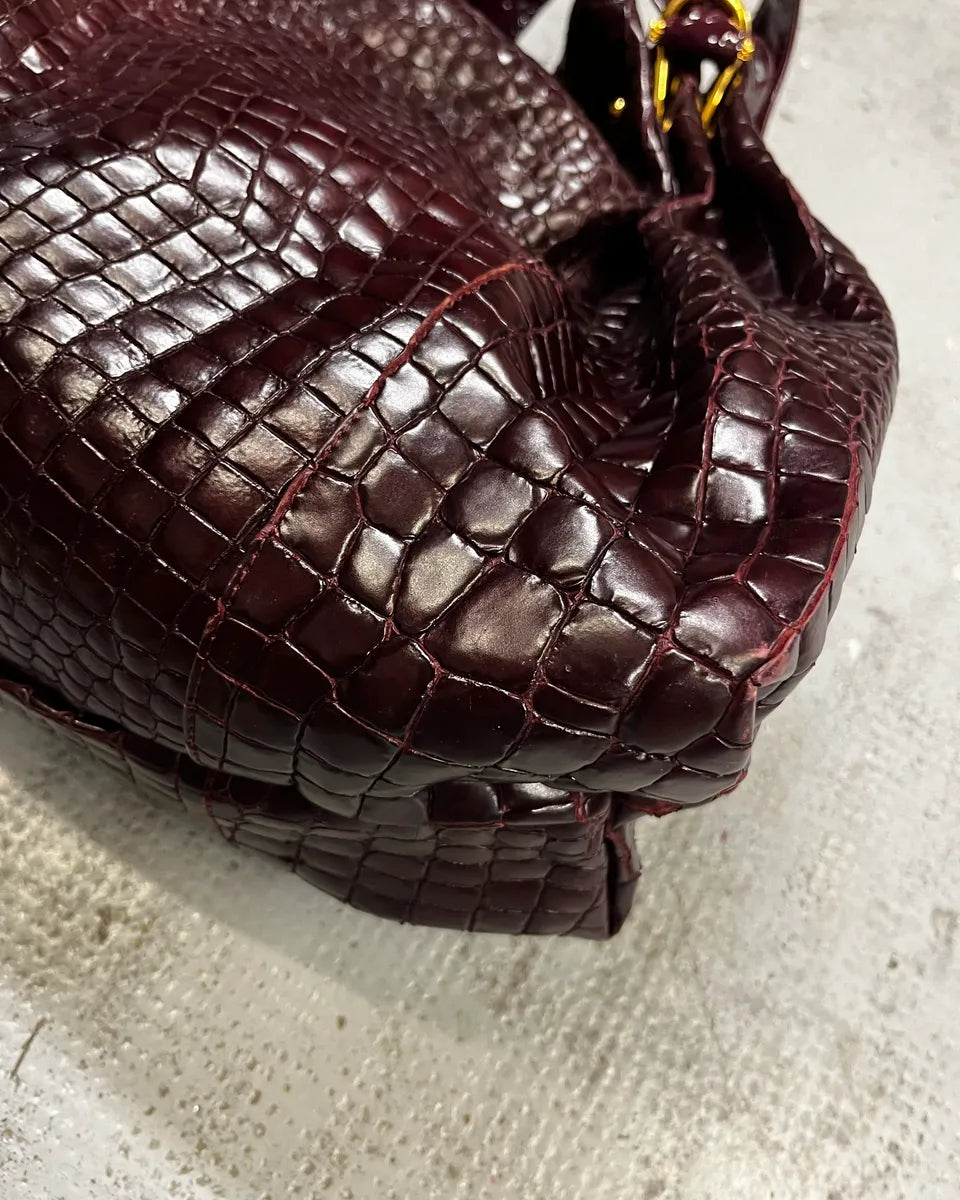 2000s Cavalli Bordeaux Crocodile Embossed Leather Handle Bag VFzKrKM 4