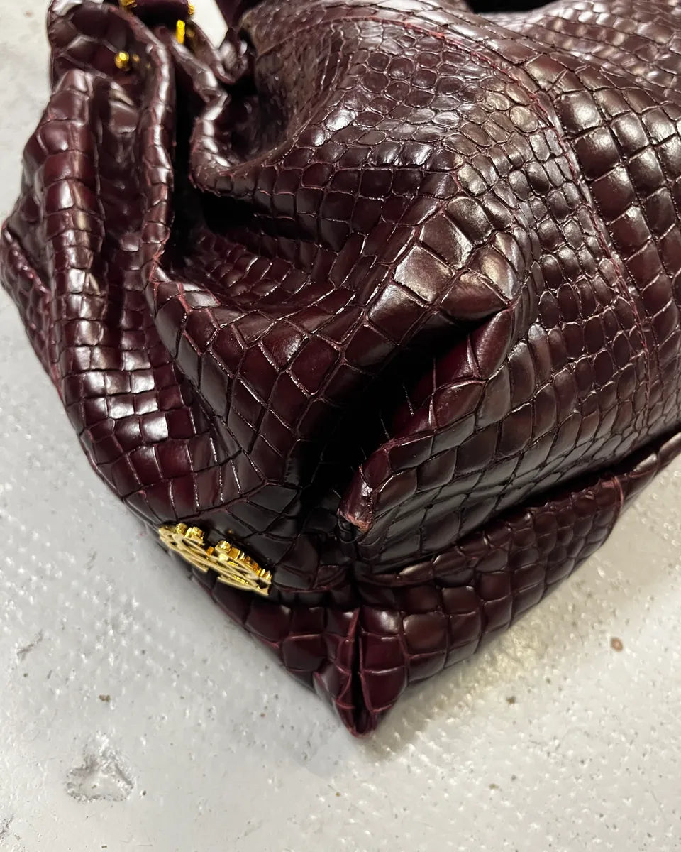 2000s Cavalli Bordeaux Crocodile Embossed Leather Handle Bag VFzKrKM 5