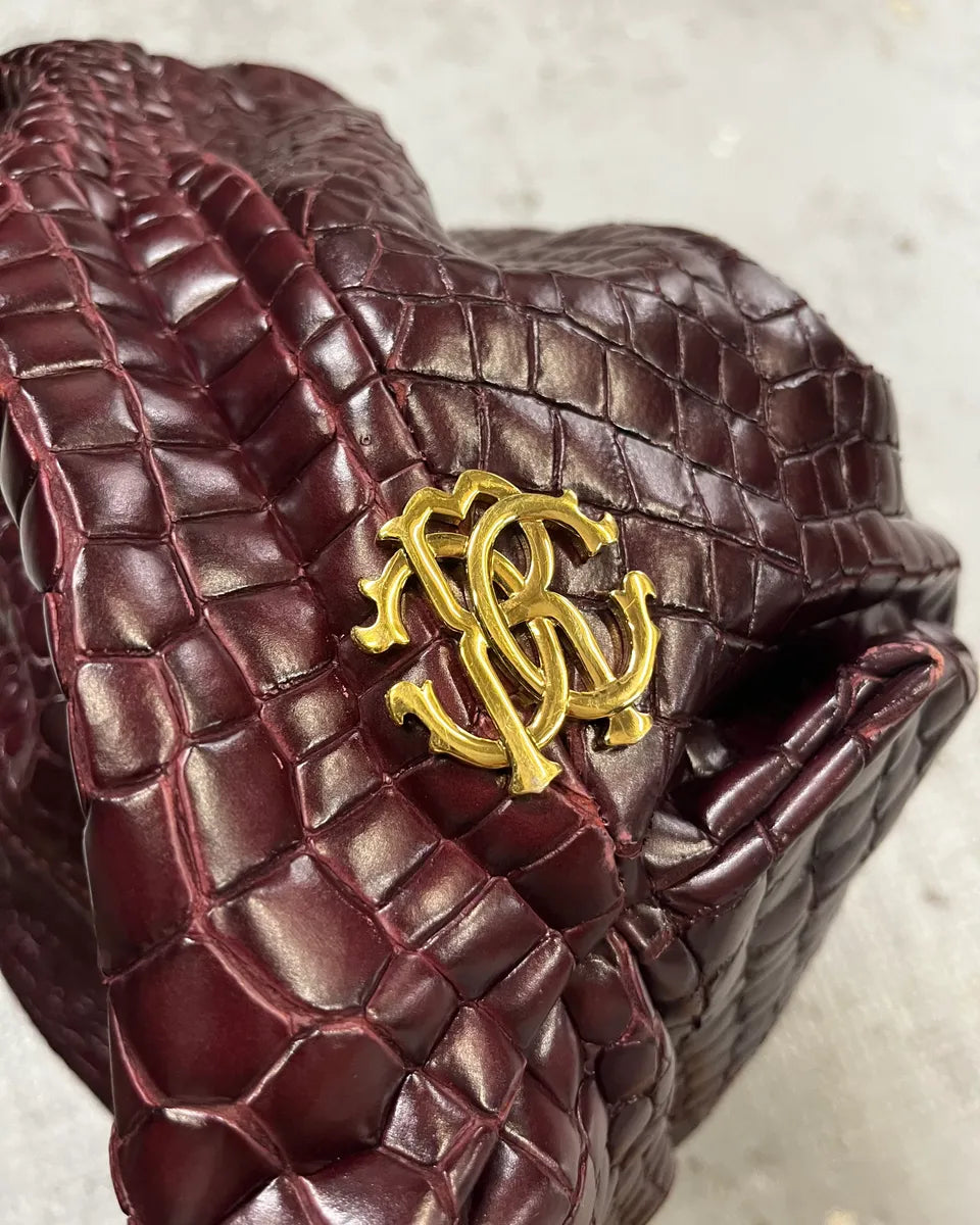 2000s Cavalli Bordeaux Crocodile Embossed Leather Handle Bag VFzKrKM 6