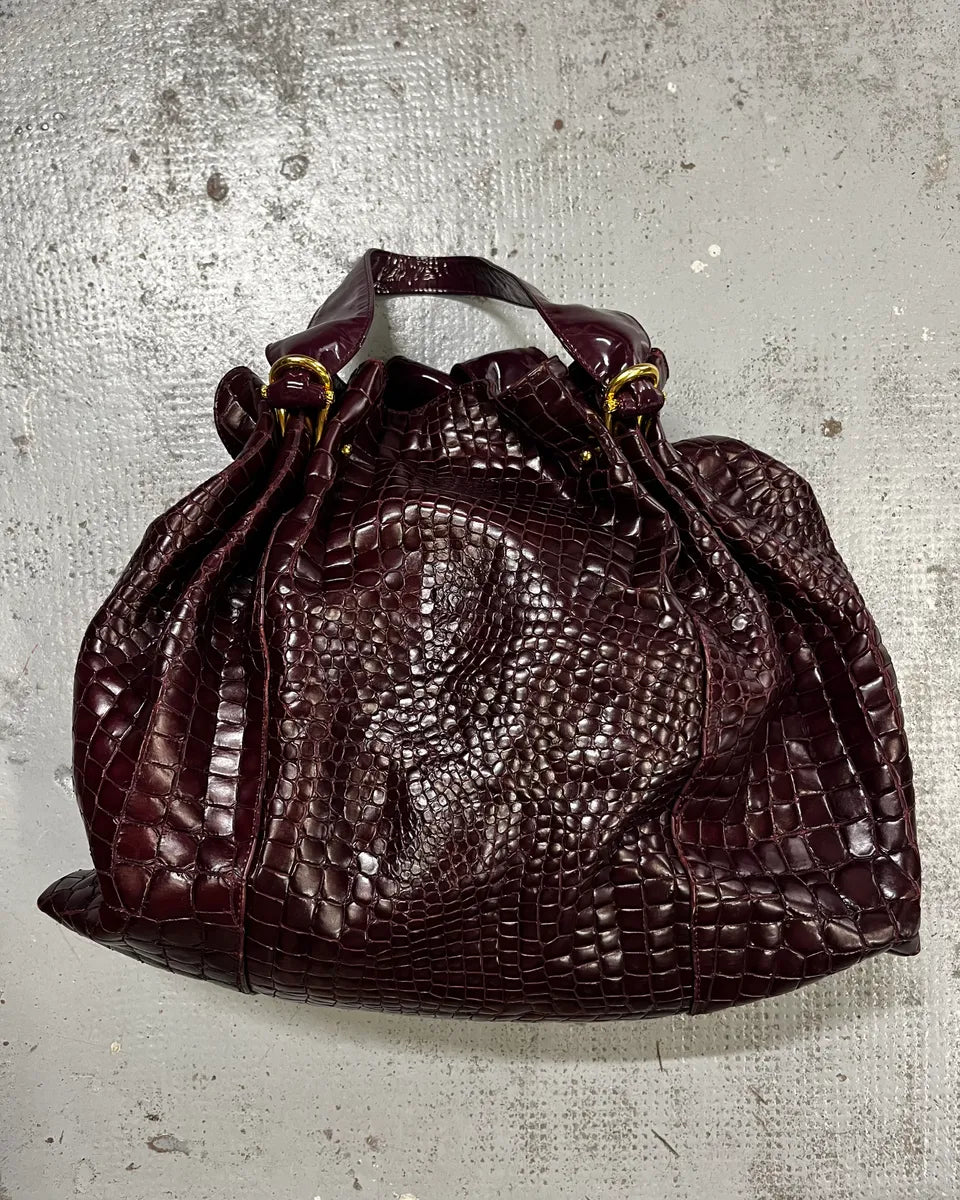 2000s Cavalli Bordeaux Crocodile Embossed Leather Handle Bag VFzKrKM 7