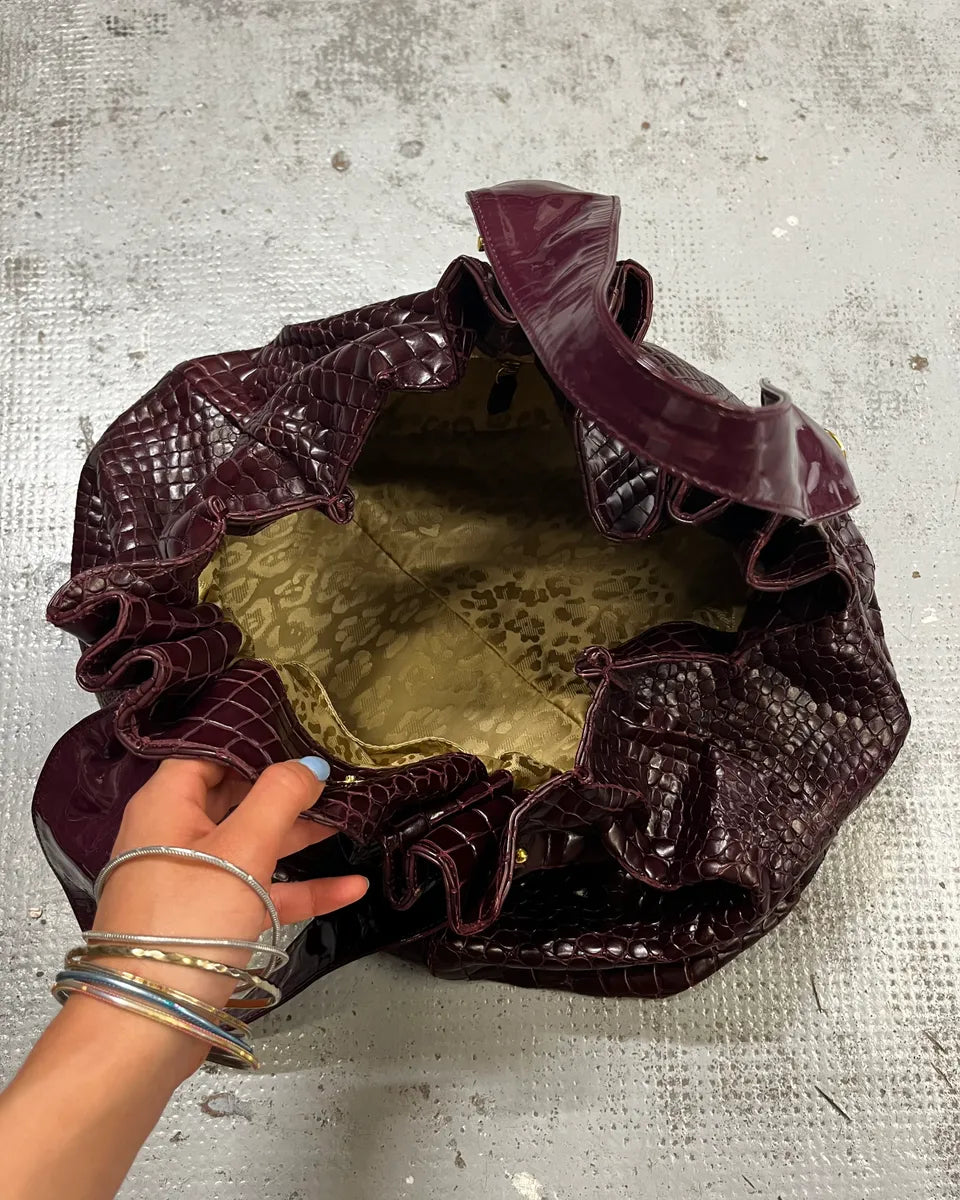 2000s Cavalli Bordeaux Crocodile Embossed Leather Handle Bag VFzKrKM 8