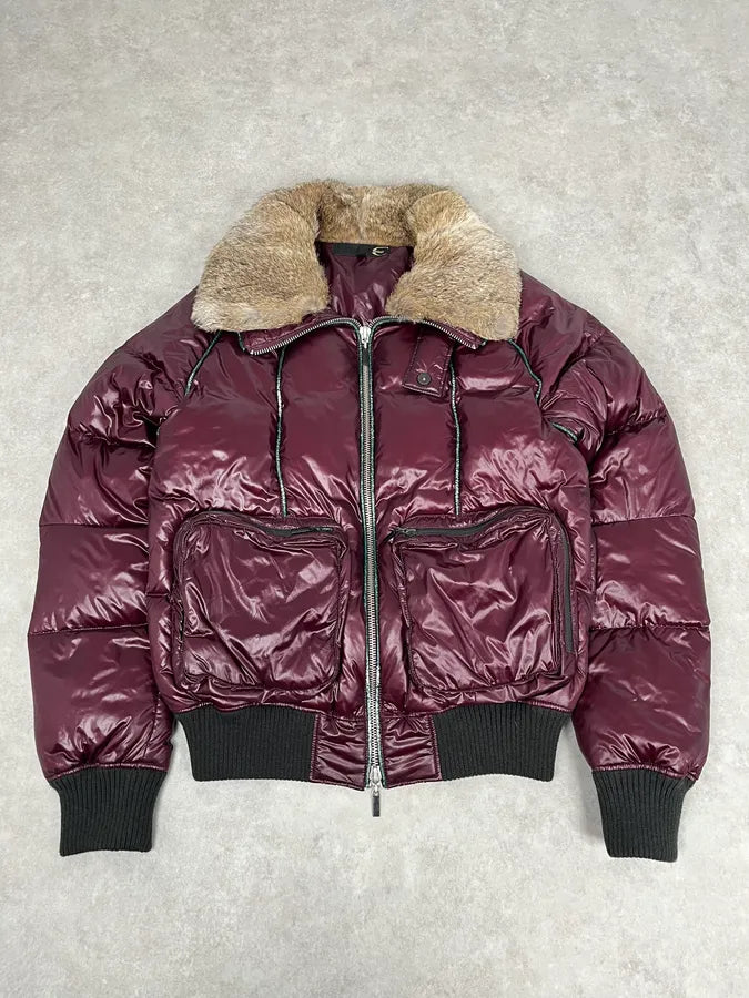2000s Cavalli Bordeaux Nylon Fur Collar British Puffer Jacket iSlGSbe 0