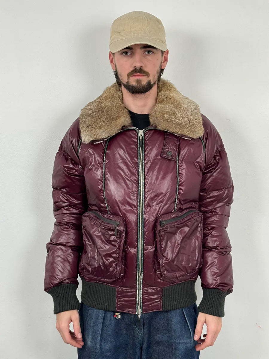 2000s Cavalli Bordeaux Nylon Fur Collar British Puffer Jacket iSlGSbe 1