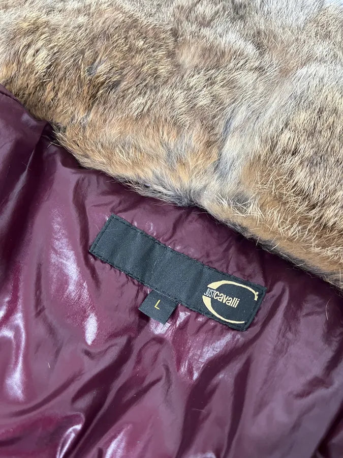 2000s Cavalli Bordeaux Nylon Fur Collar British Puffer Jacket iSlGSbe 11