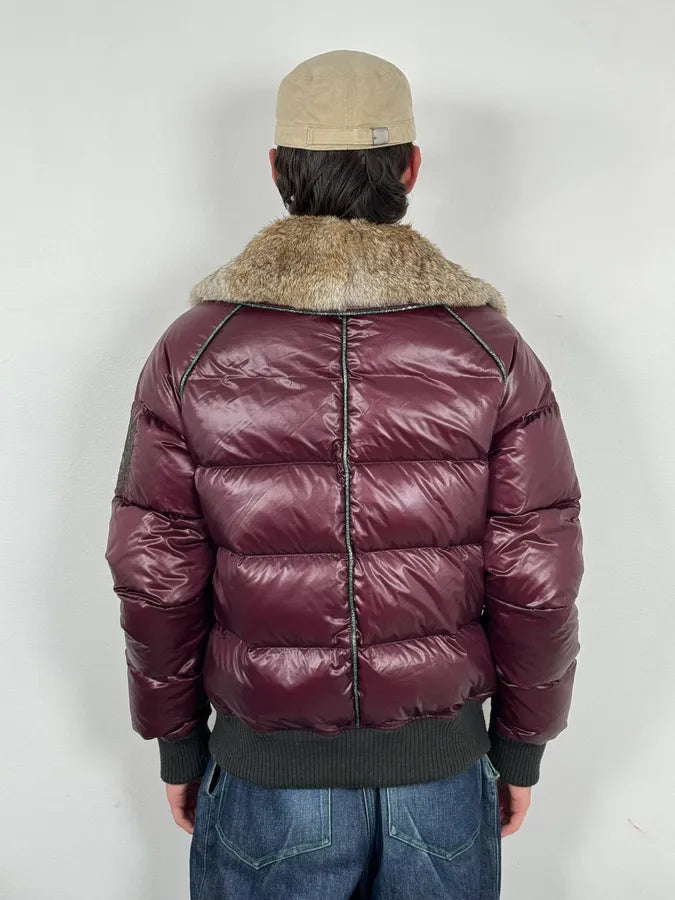 2000s Cavalli Bordeaux Nylon Fur Collar British Puffer Jacket iSlGSbe 3