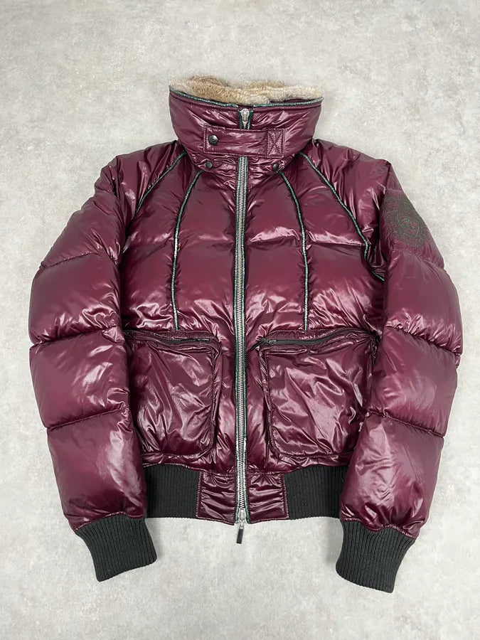 2000s Cavalli Bordeaux Nylon Fur Collar British Puffer Jacket iSlGSbe 4