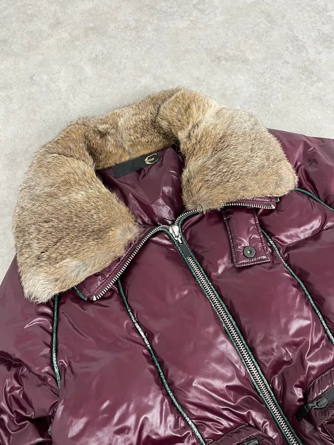 2000s Cavalli Bordeaux Nylon Fur Collar British Puffer Jacket iSlGSbe 5