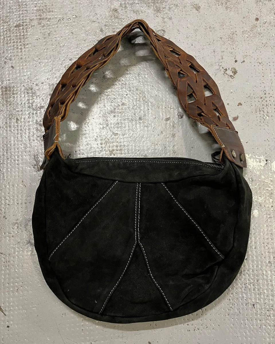 2000s Cavalli Braided Brown Leather Strap Black Suede Shoulder Bag DYiLJYe 0