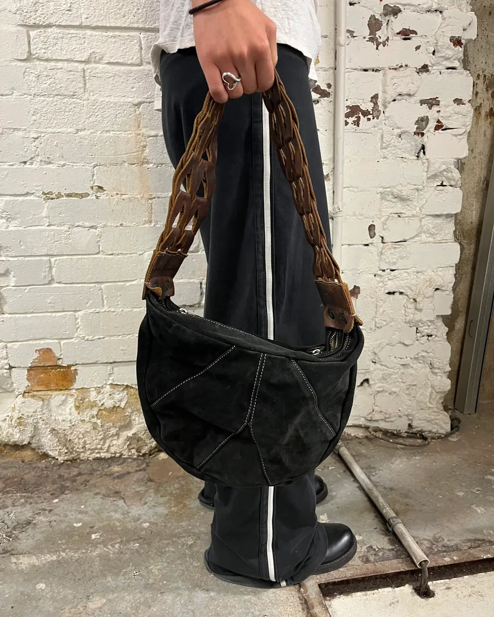 2000s Cavalli Braided Brown Leather Strap Black Suede Shoulder Bag DYiLJYe 2