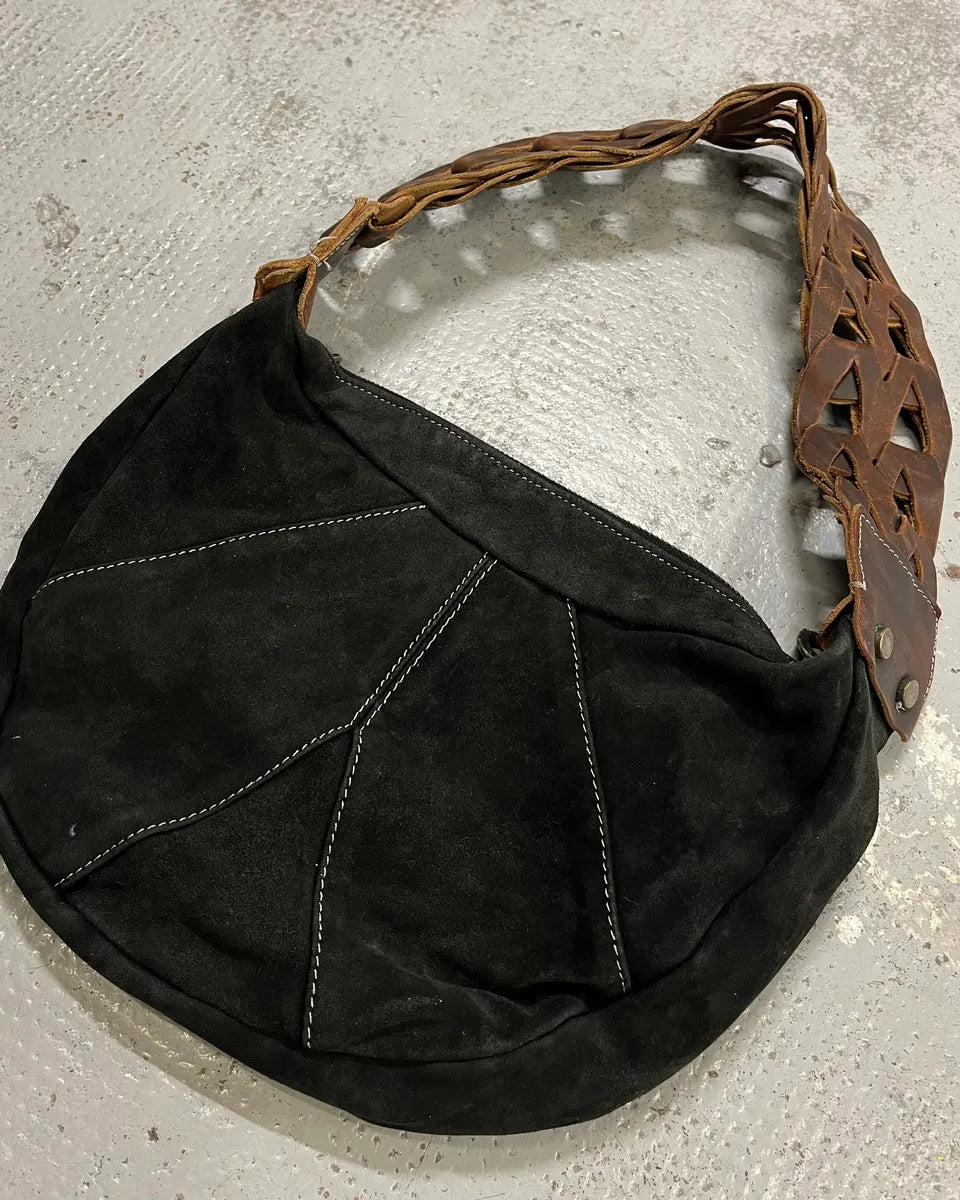 2000s Cavalli Braided Brown Leather Strap Black Suede Shoulder Bag DYiLJYe 3