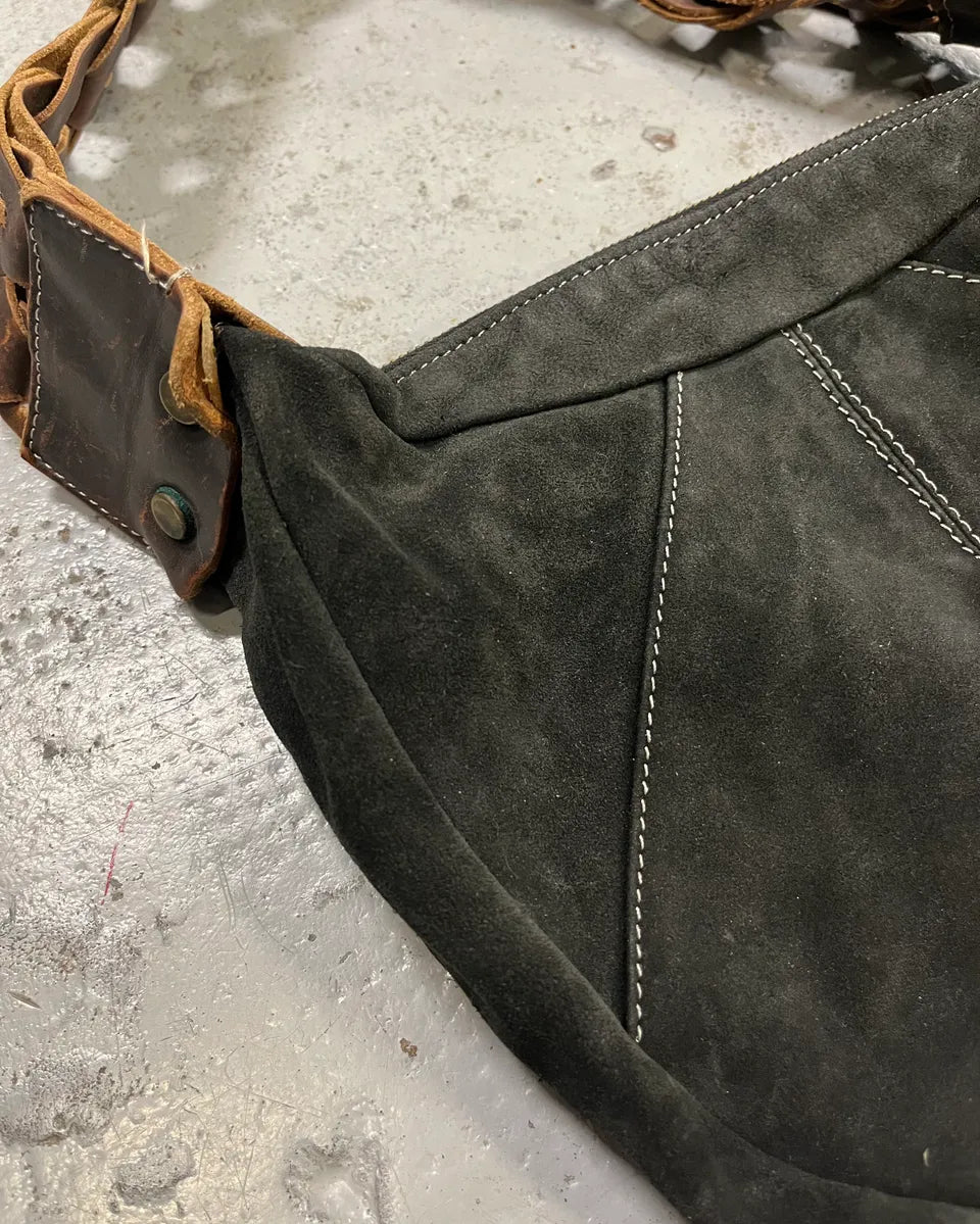 2000s Cavalli Braided Brown Leather Strap Black Suede Shoulder Bag DYiLJYe 5